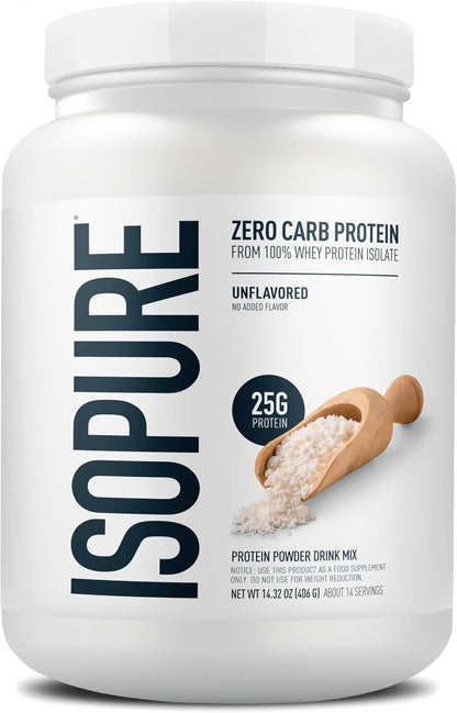 Unflavored Isopure whey isolate protein powder container
