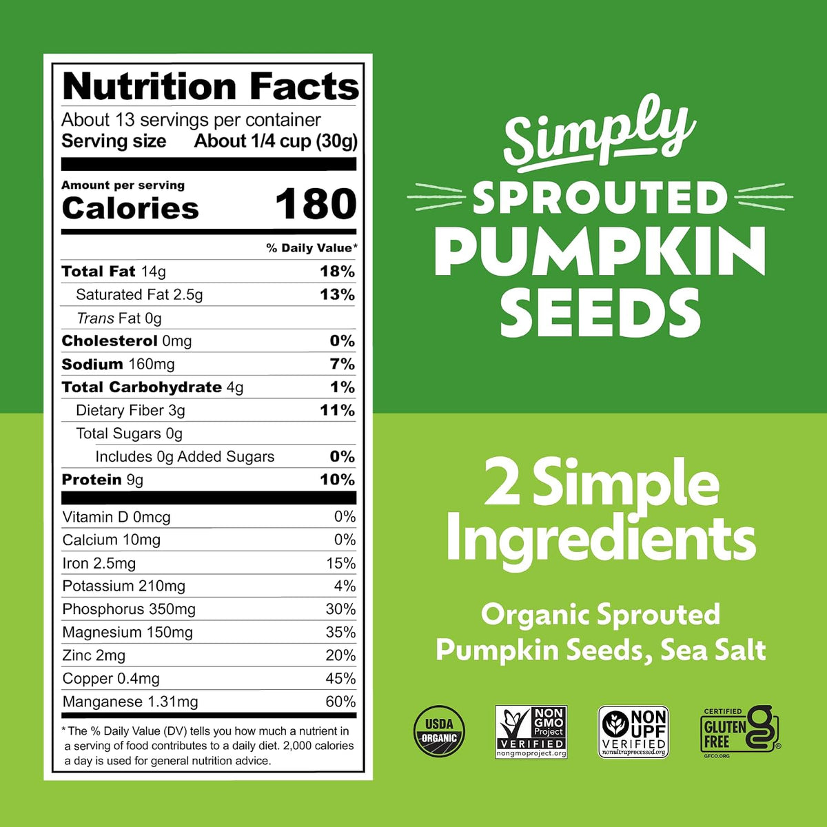 Organic sprouted pumpkin seeds with plant-based protein