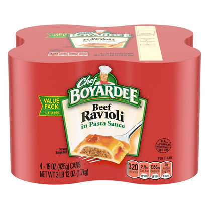 Chef Boyardee Beef Ravioli cans with tomato sauce
