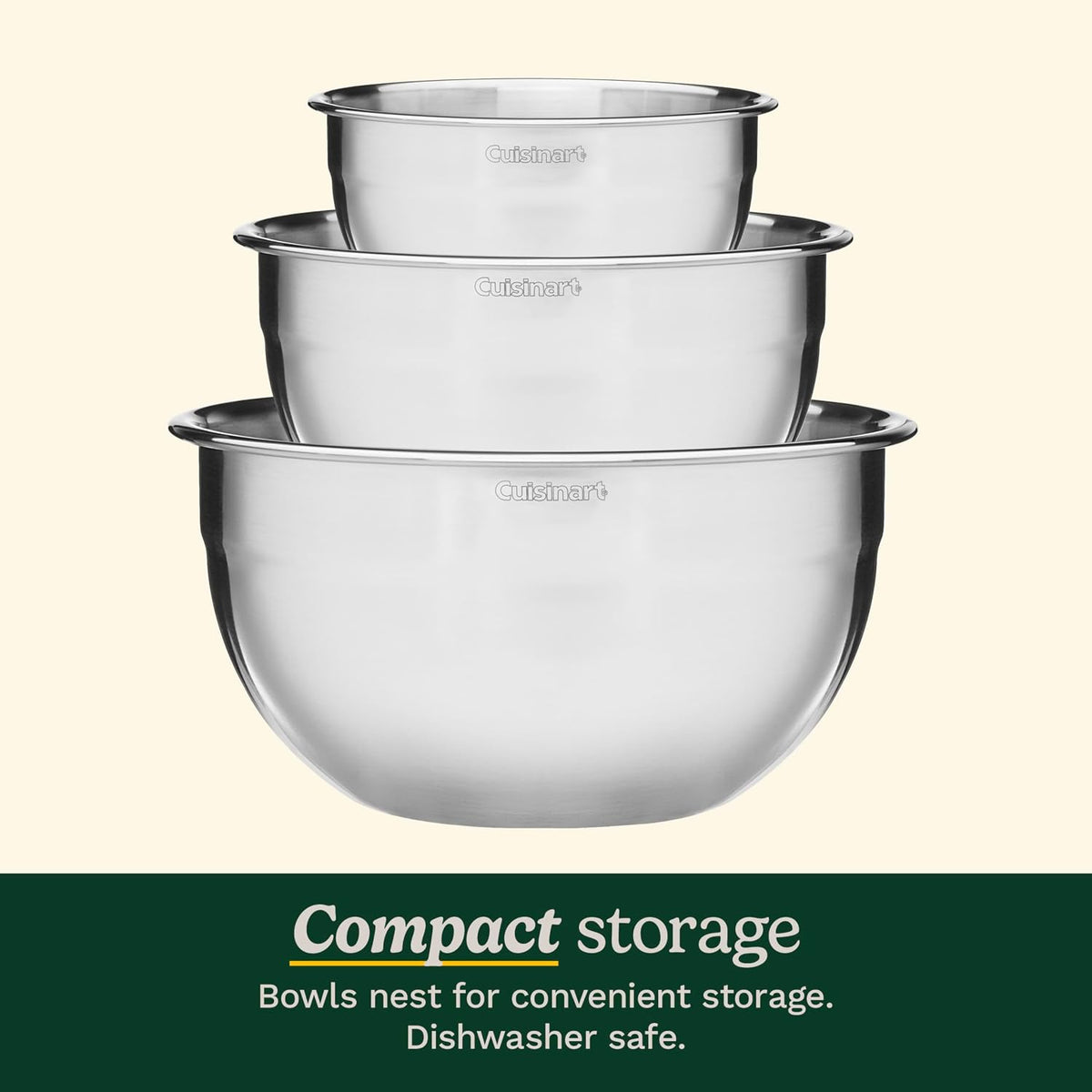 Stainless steel kitchen mixing bowls in three sizes