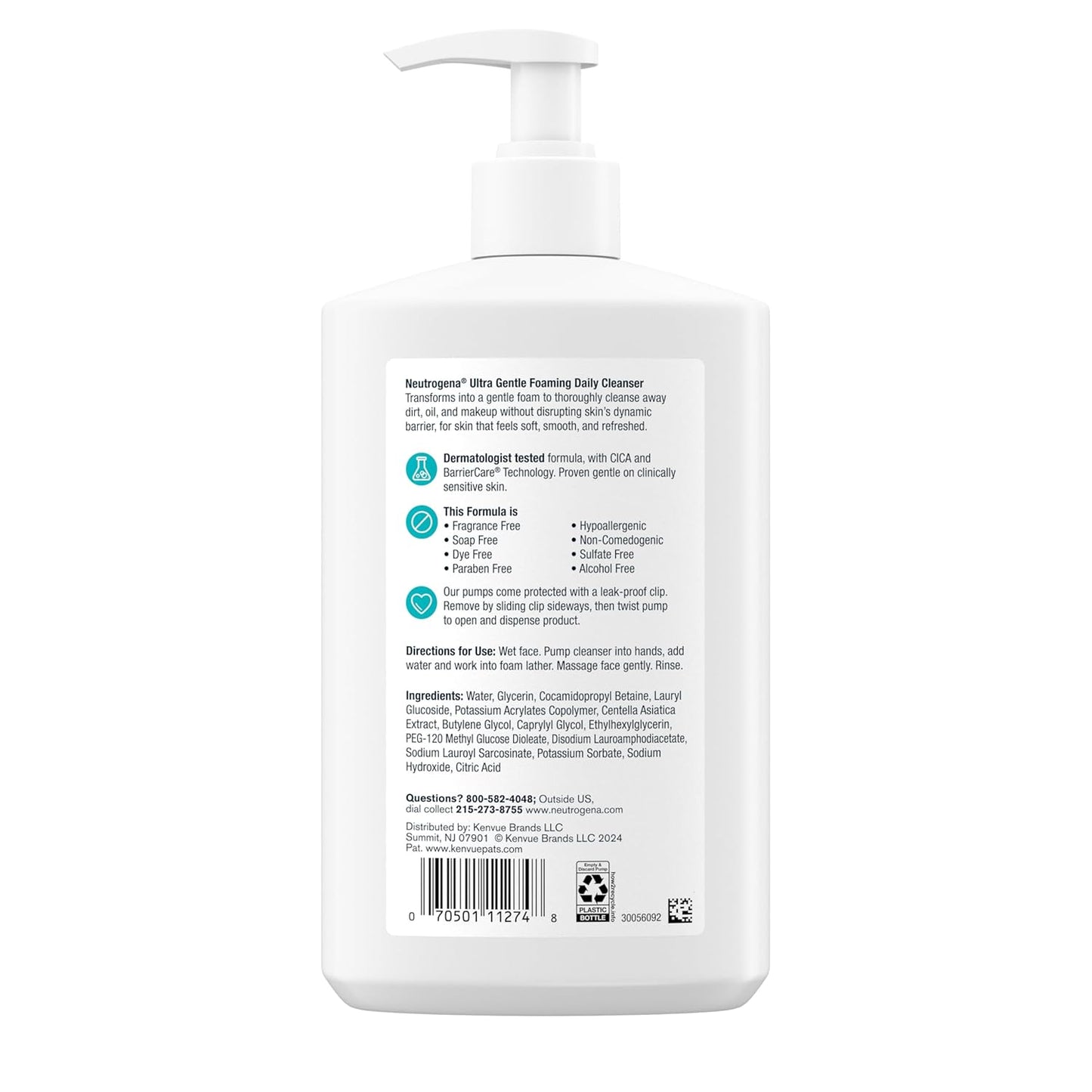 Neutrogena Ultra Gentle Foaming Facial Cleanser, Fragrance Free Hydrating Face Wash for Sensitive Skin, Daily Non Over Drying Makeup Remover, Hypoallergenic, Soap & Dye Free, Non-Comedogenic, 16 Fl Oz