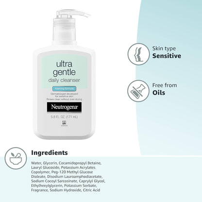 Neutrogena Ultra Gentle Foaming Facial Cleanser, Fragrance Free Hydrating Face Wash for Sensitive Skin, Daily Non Over Drying Makeup Remover, Hypoallergenic, Soap & Dye Free, Non-Comedogenic, 16 Fl Oz