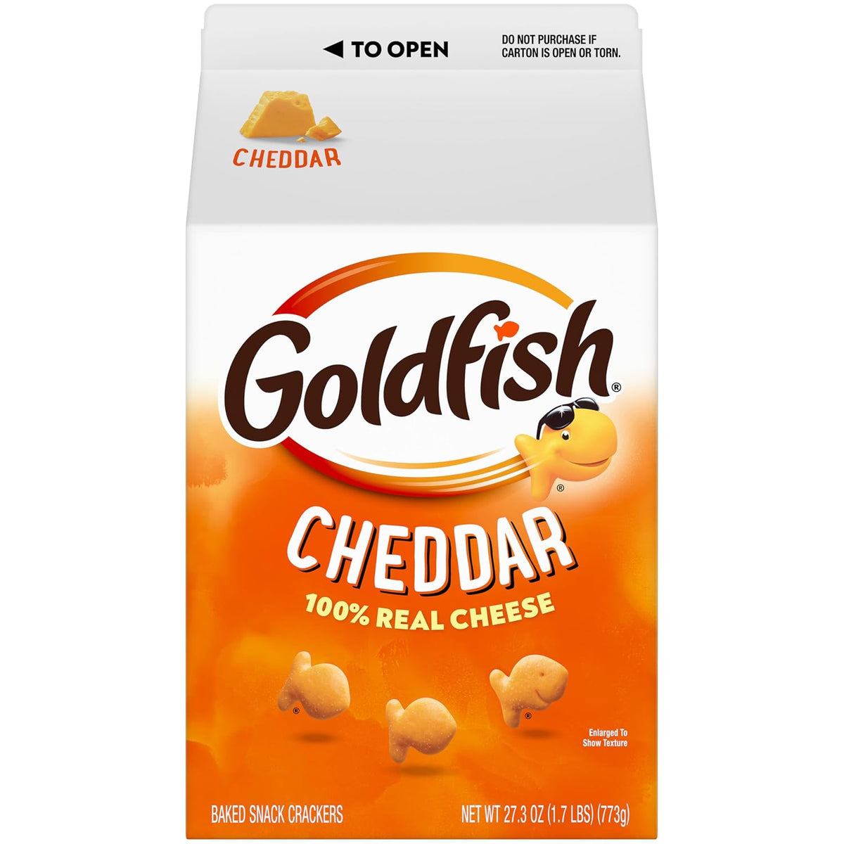 Goldfish cheddar fish-shaped snack crackers carton