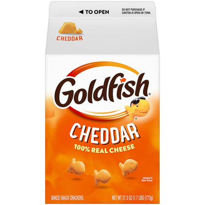 Goldfish cheddar fish-shaped snack crackers carton