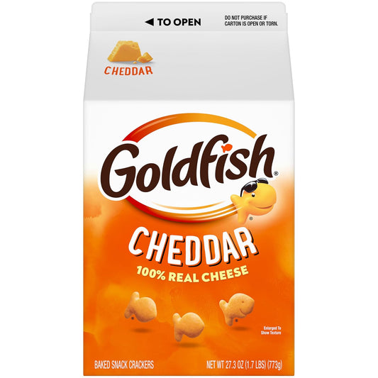 Goldfish cheddar fish-shaped snack crackers carton