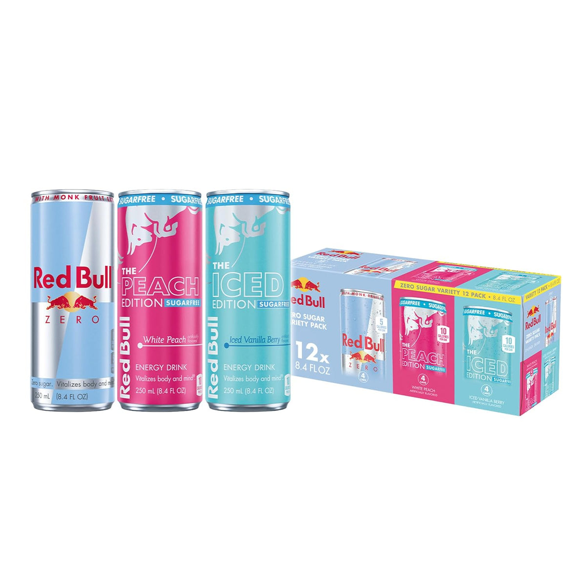 Red Bull sugarfree White Peach Iced Vanilla Berry and Zero cans