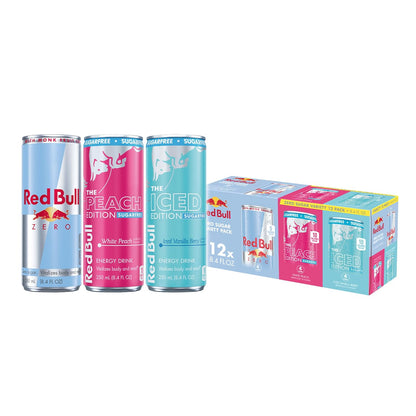 Red Bull sugarfree White Peach Iced Vanilla Berry and Zero cans