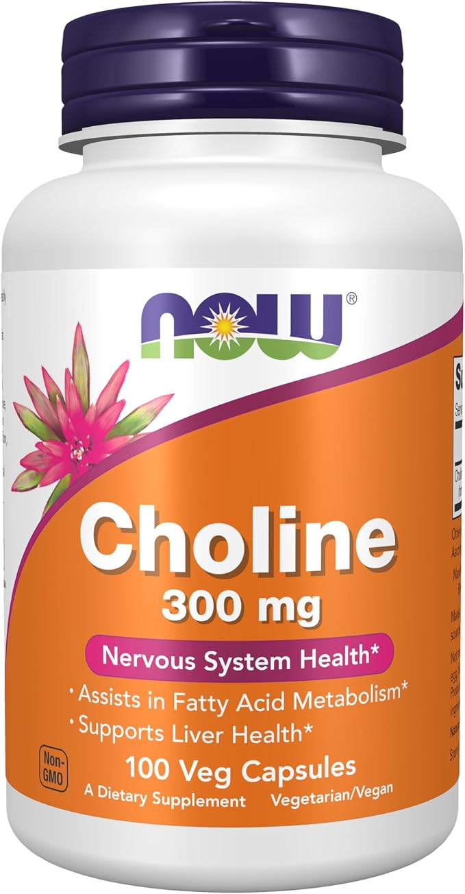 NOW Choline 300 mg 100 veg capsules bottle