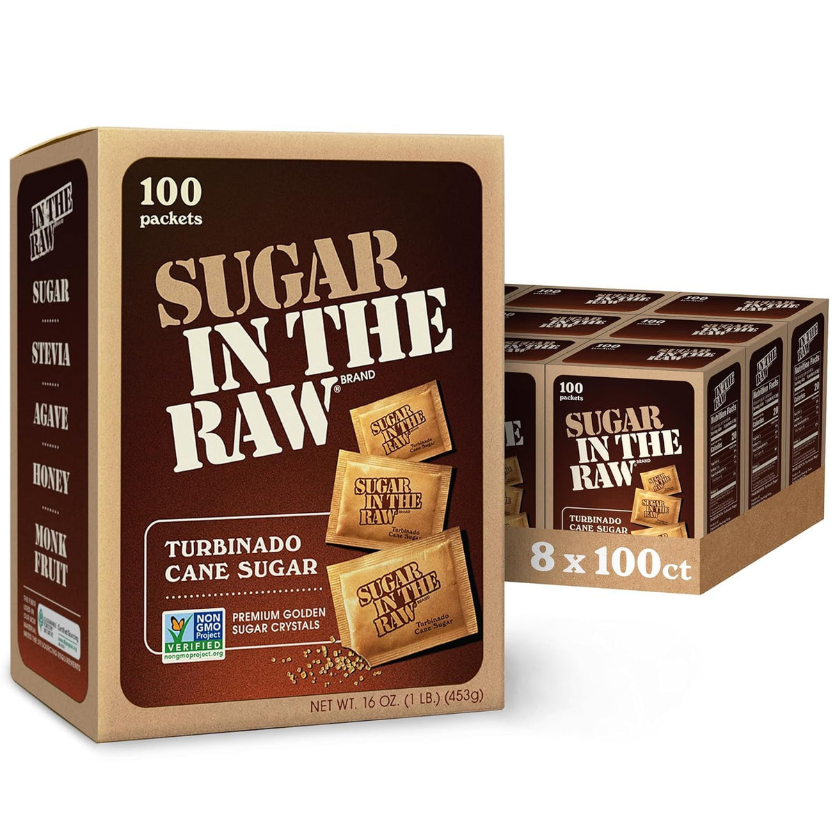 Granulated turbinado cane sugar packets for coffee