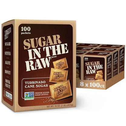 Granulated turbinado cane sugar packets for coffee