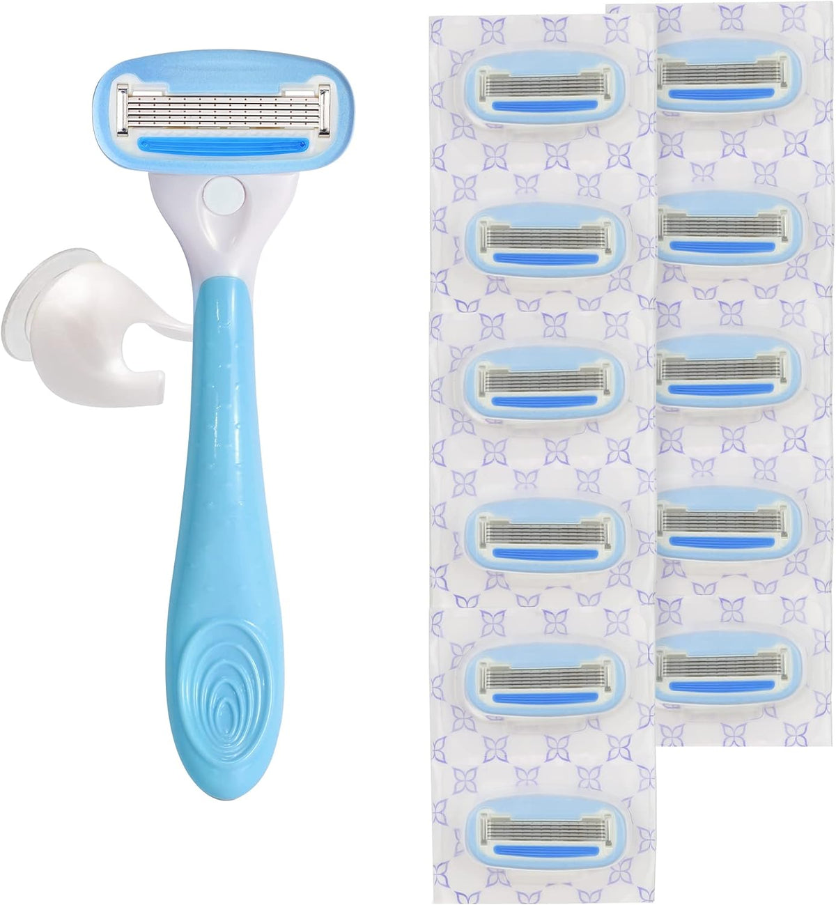 Blue women's razor with shower hanger included