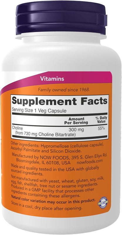 Choline 300 mg dietary supplement bottle by NOW