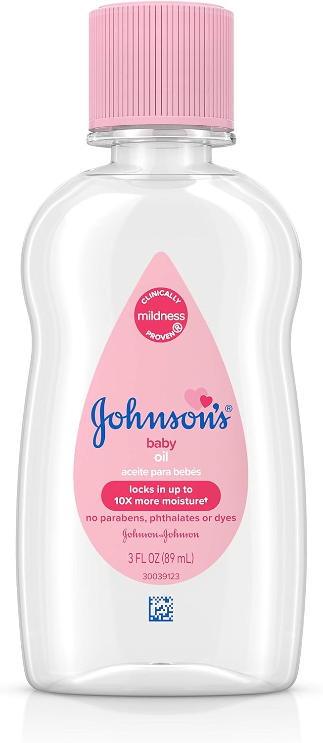 Johnson's Baby Oil, Pure Mineral Oil to Prevent Moisture Loss for Newborn, Kids, & Adults, Gentle, Soothing Baby Massage Oil, Dry Skin Relief, Hypoallergenic, Original Scent, Baby Essentials, 3 fl. oz