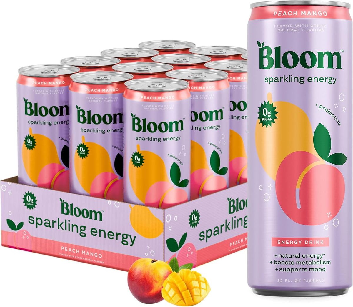Bloom Nutrition sparkling energy drink Peach Mango cans