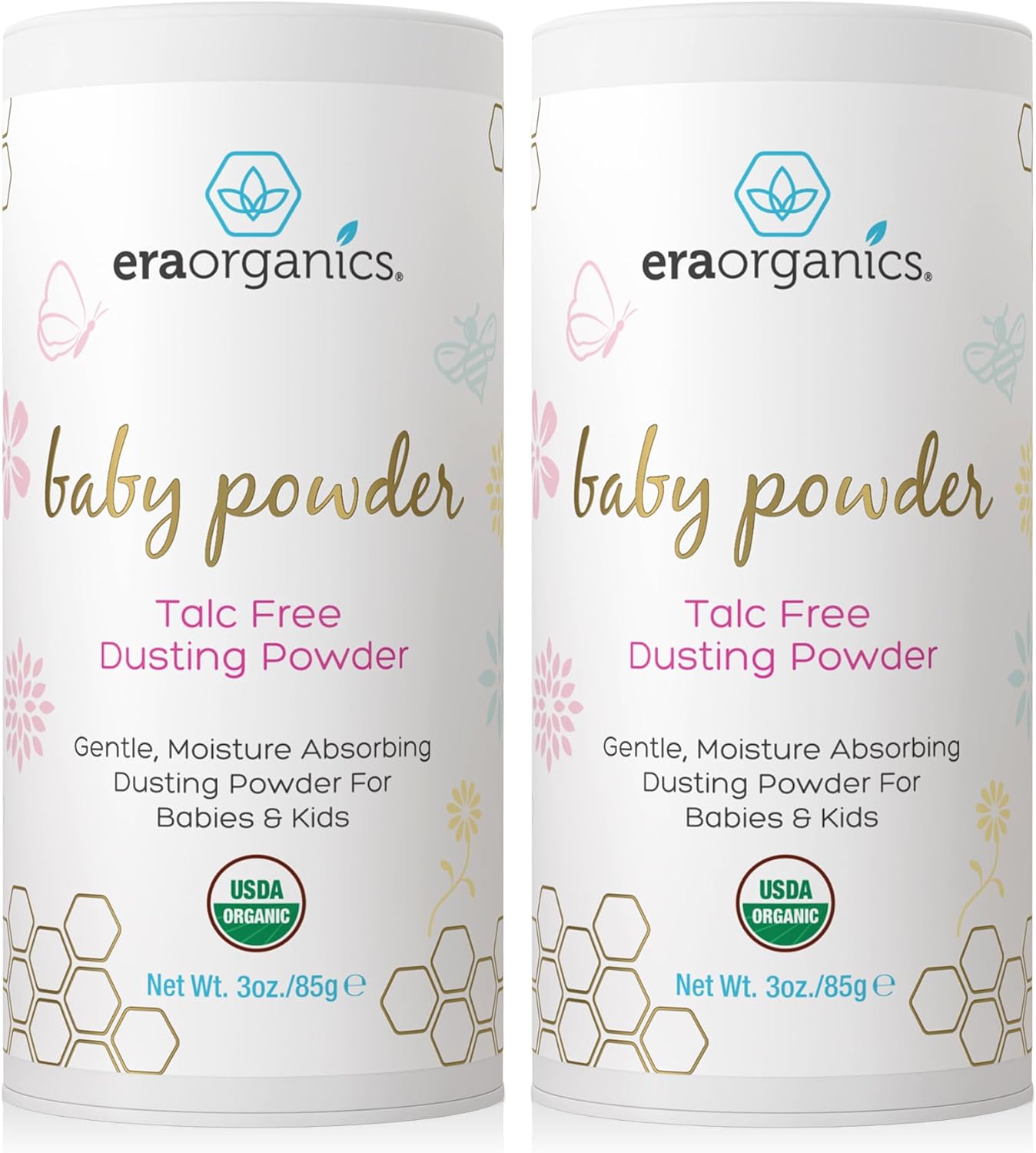 Visit the Era Organics Store — Era Organics Talc-Free Organic Baby Powder - USDA Organic Dusting Powder with Arrowroot, Calendula and Cornstarch for Newborns, Babies or Toddlers - Soothing, Fragrance Free, Made in USA (3oz/85g)