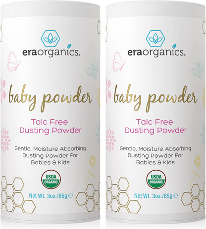 Visit the Era Organics Store — Era Organics Talc-Free Organic Baby Powder - USDA Organic Dusting Powder with Arrowroot, Calendula and Cornstarch for Newborns, Babies or Toddlers - Soothing, Fragrance Free, Made in USA (3oz/85g)