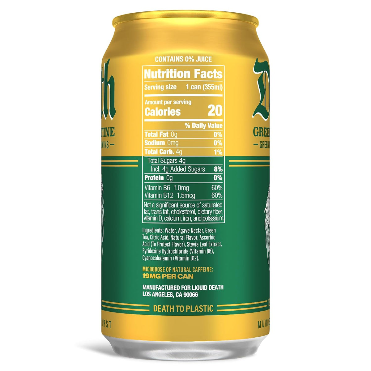 Green Guillotine less sugar iced tea by Liquid Death