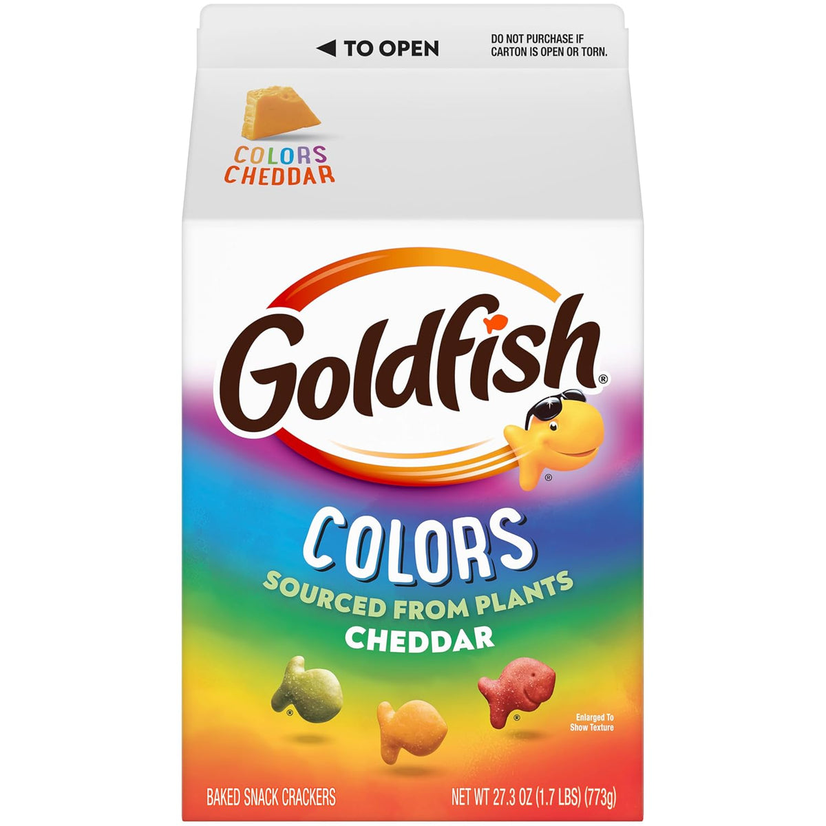 Colorful Goldfish cheddar crackers carton front view