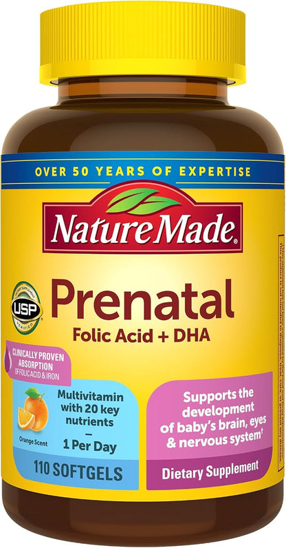 Nature Made prenatal vitamins with folic acid and DHA bottle