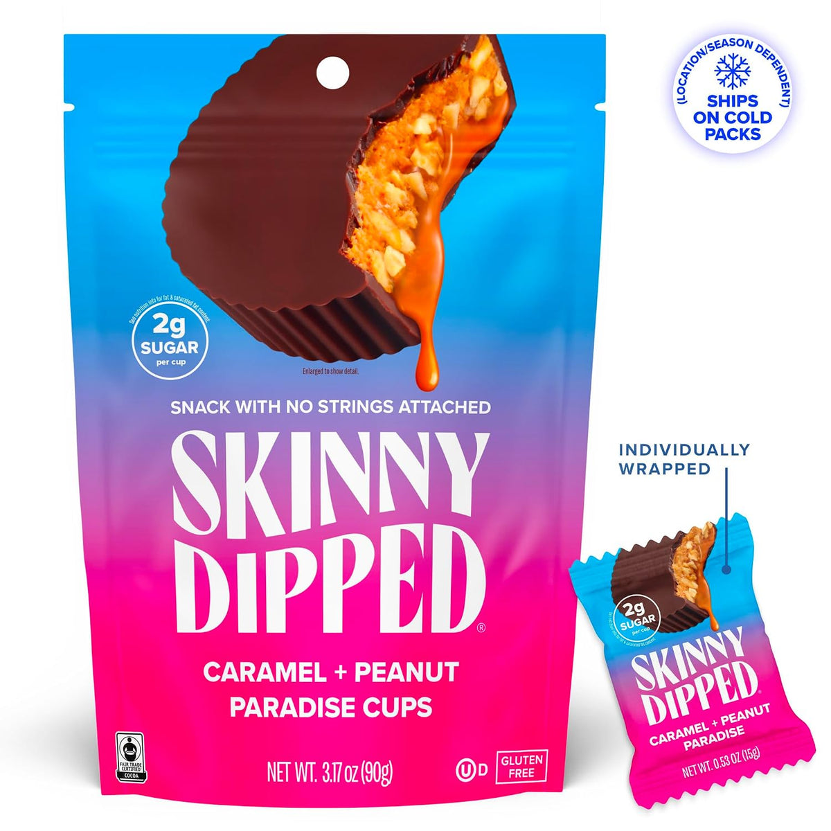 Chocolate caramel peanut snack cups in SKINNYDIPPED packaging