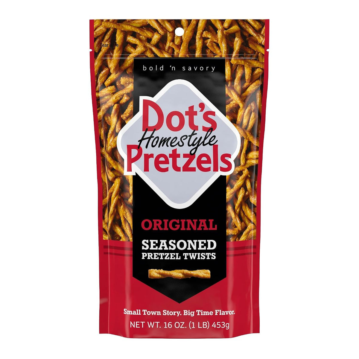 Bag of Dot's Homestyle Pretzels with bold seasoning