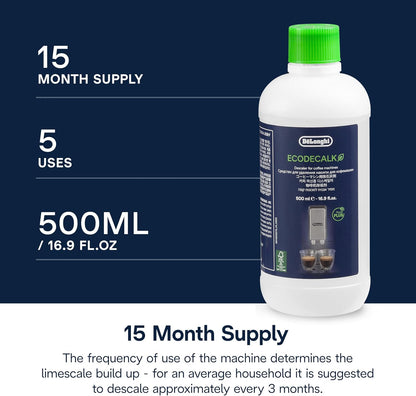 Visit the De'Longhi Store — De'Longhi EcoDecalk Descaler, Eco-Friendly Universal Descaling Solution for Coffee & Espresso Machines, 2-Pack (1 use per pack)