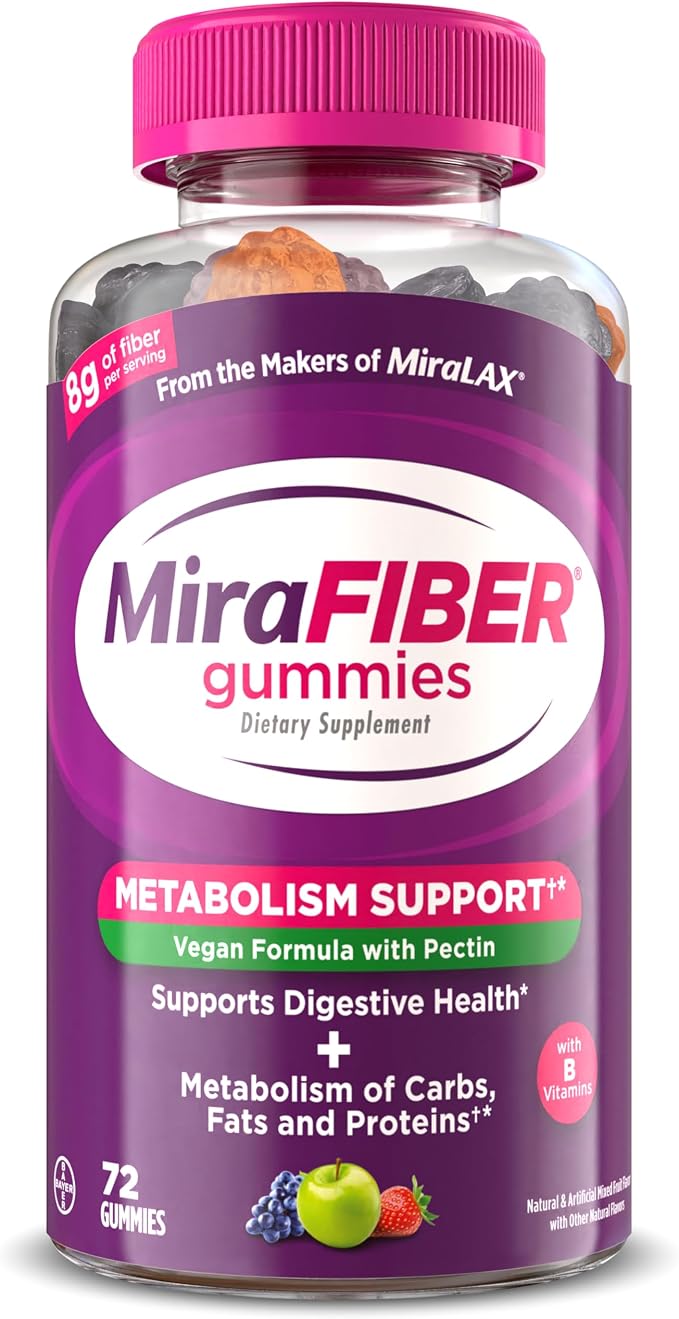 MiraLAX MiraFIBER vegan prebiotic fiber gummies bottle