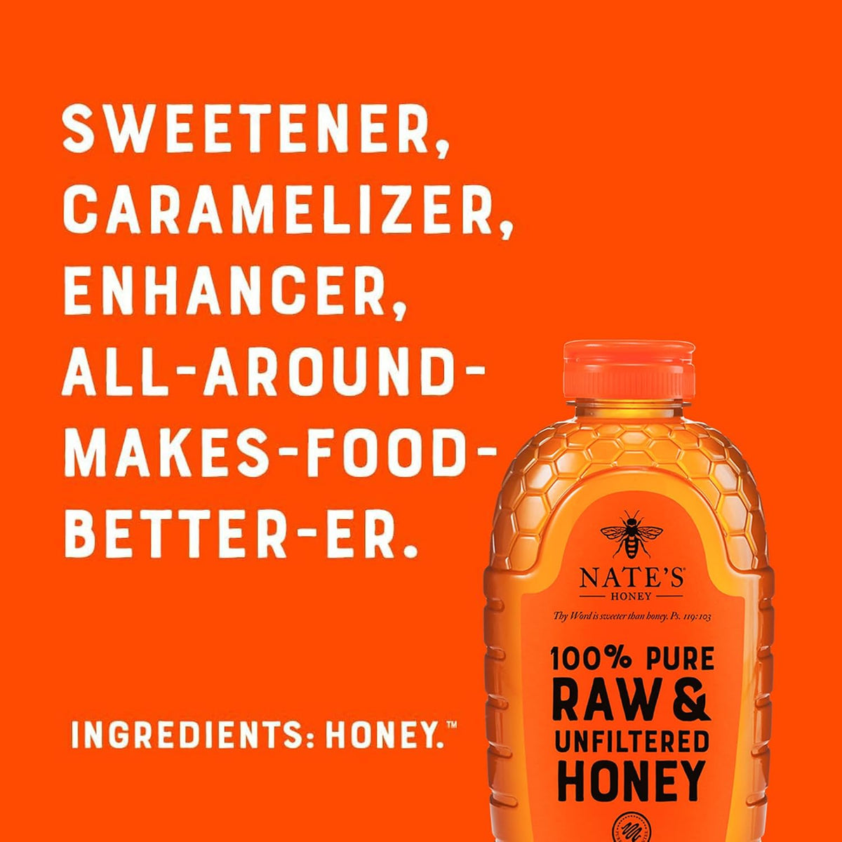 Nate's pure honey bottle with no additives or preservatives