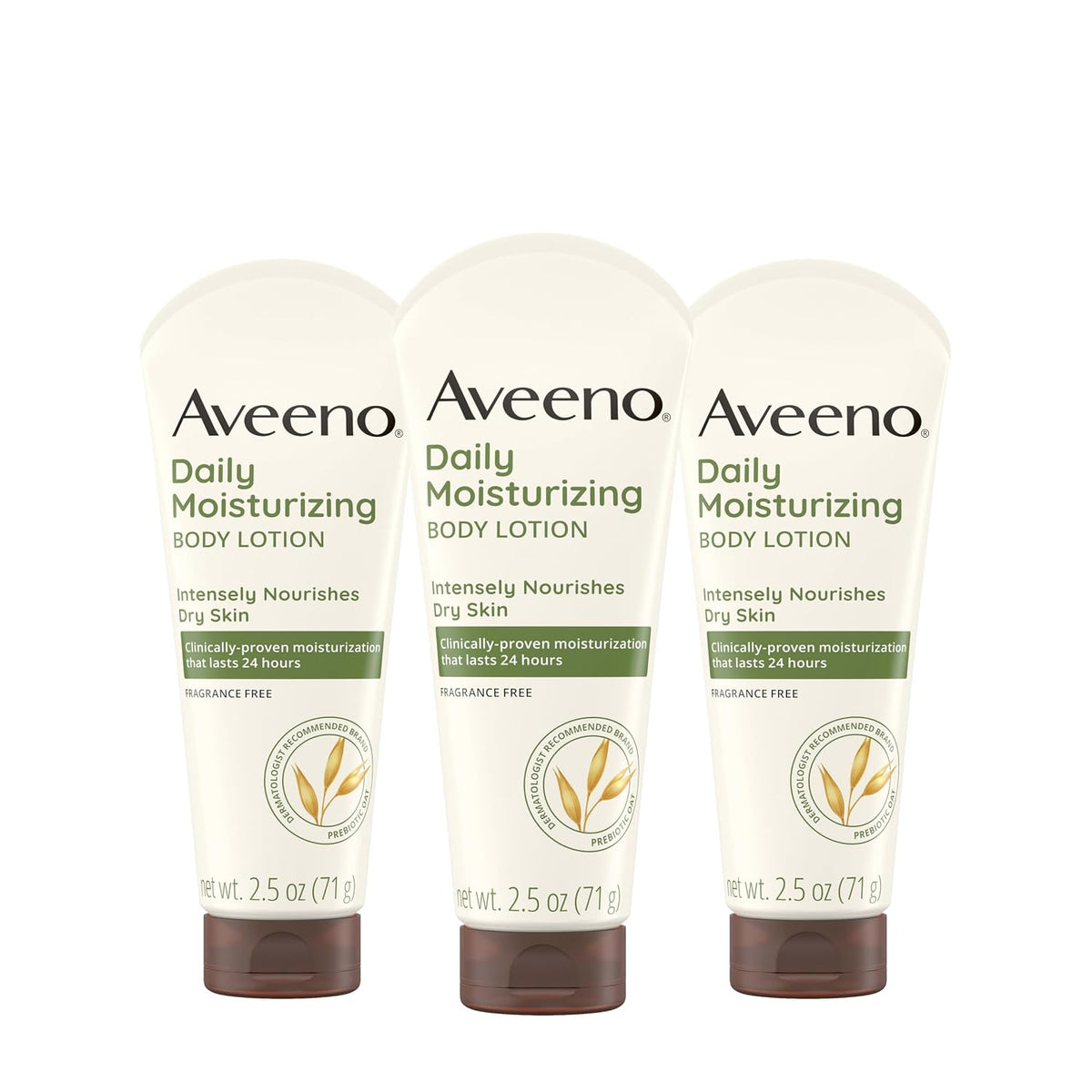 Aveeno 2.5 fl oz fragrance-free body lotion bottles