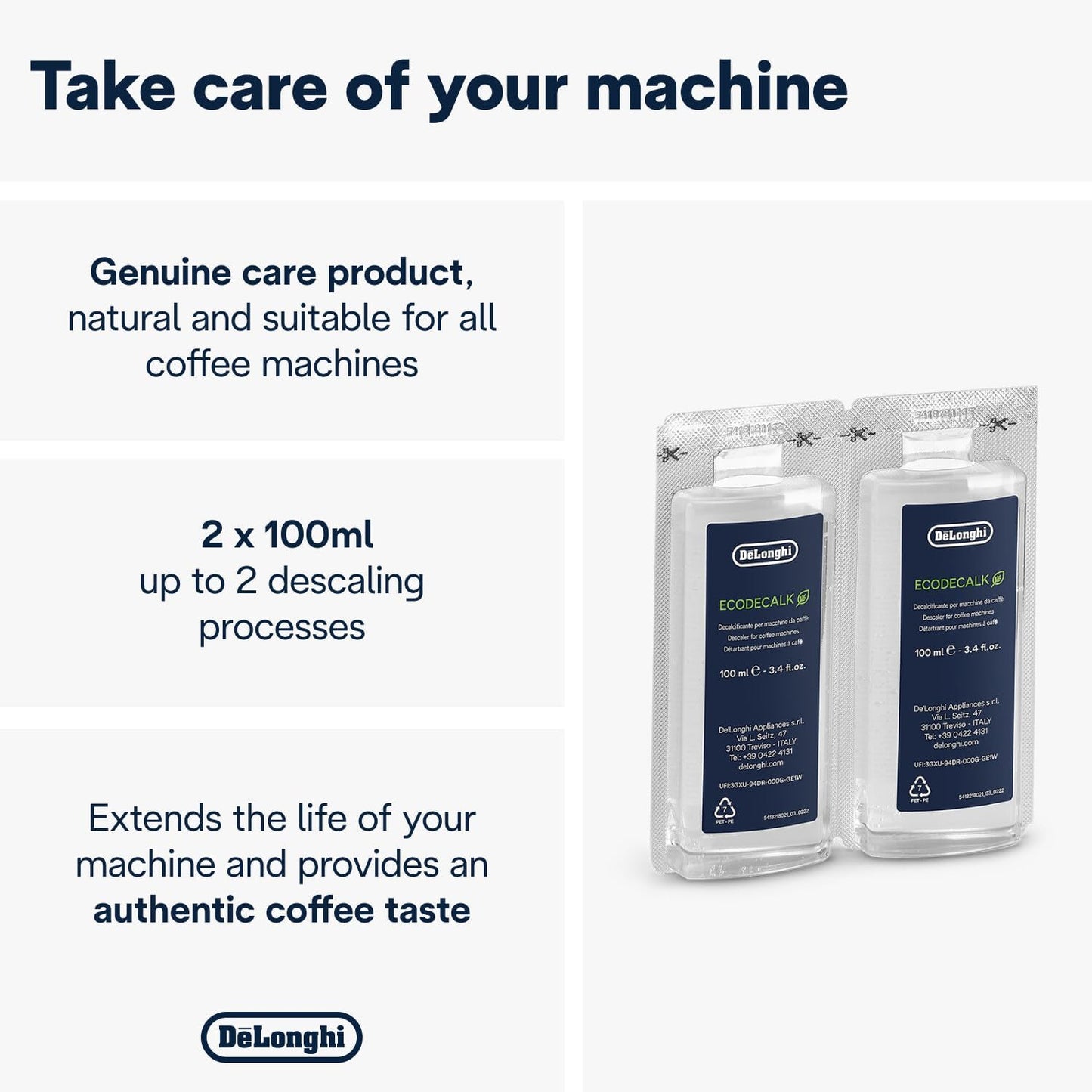 Visit the De'Longhi Store — De'Longhi EcoDecalk Descaler, Eco-Friendly Universal Descaling Solution for Coffee & Espresso Machines, 2-Pack (1 use per pack)