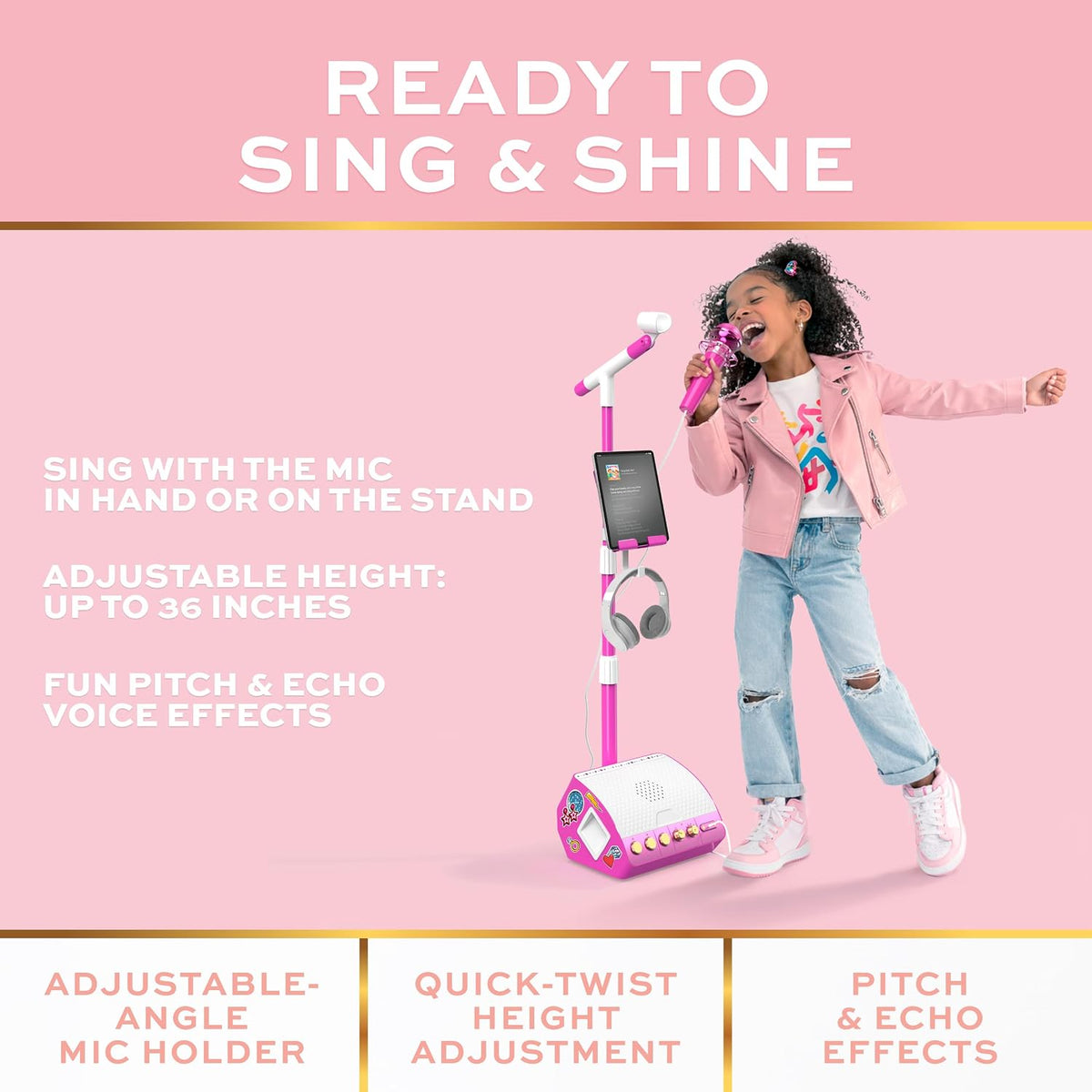 Adjustable kids karaoke stand with built-in speaker