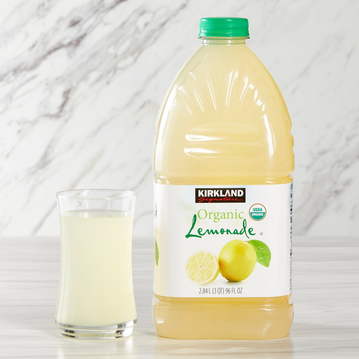 Large organic lemonade bottle close-up