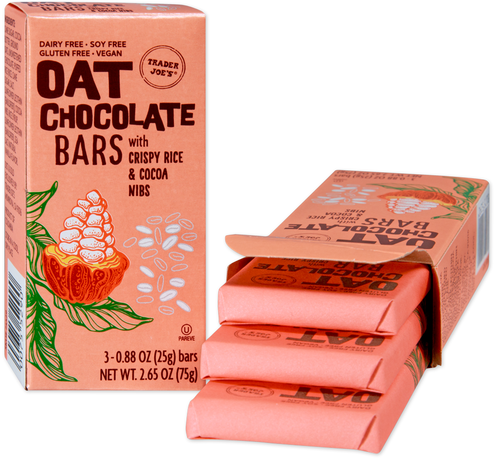 Trader Joe's oat chocolate bars with crispy rice and cocoa nibs