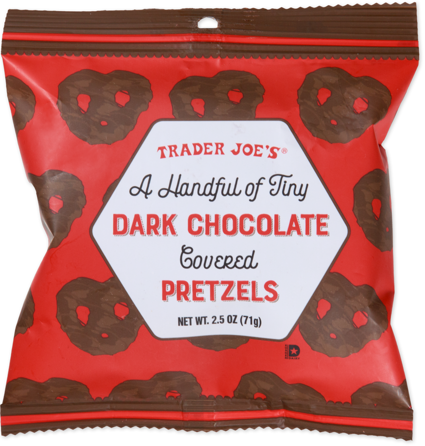 Tiny dark chocolate covered pretzels by Trader Joe's
