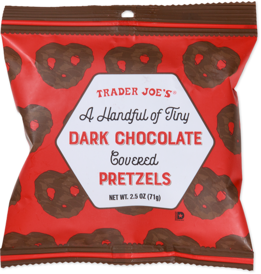 Tiny dark chocolate covered pretzels by Trader Joe's