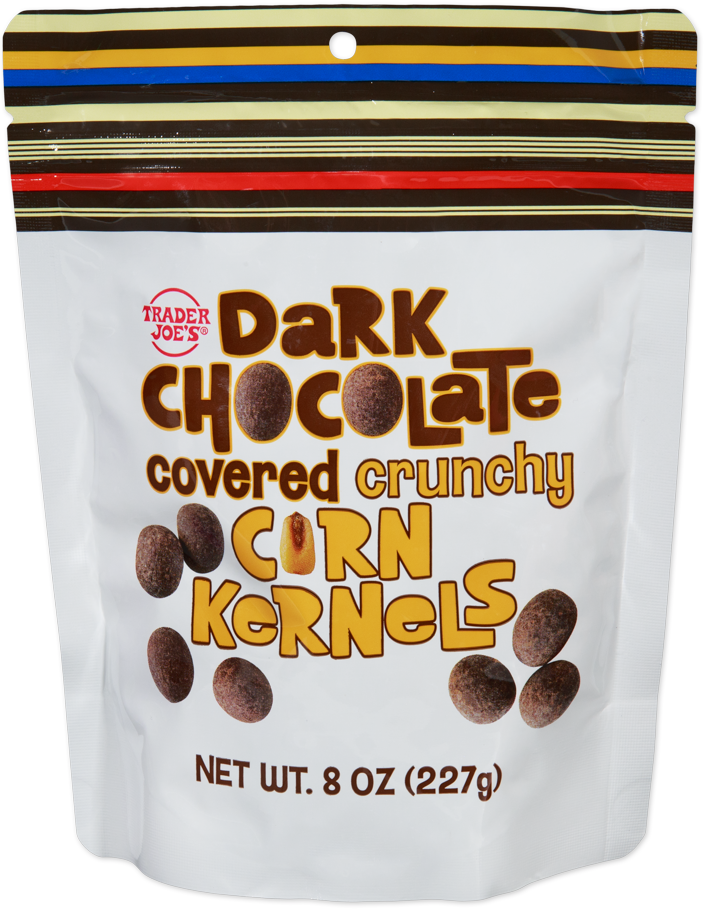 Dark chocolate covered crunchy corn kernels snack