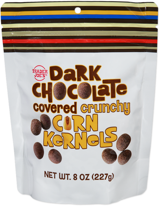 Dark chocolate covered crunchy corn kernels snack