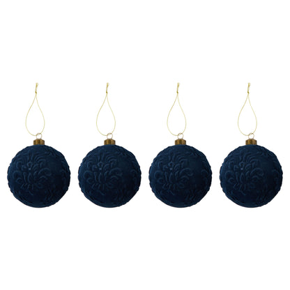Dark blue Christmas ball ornament with embossed scrolling pattern