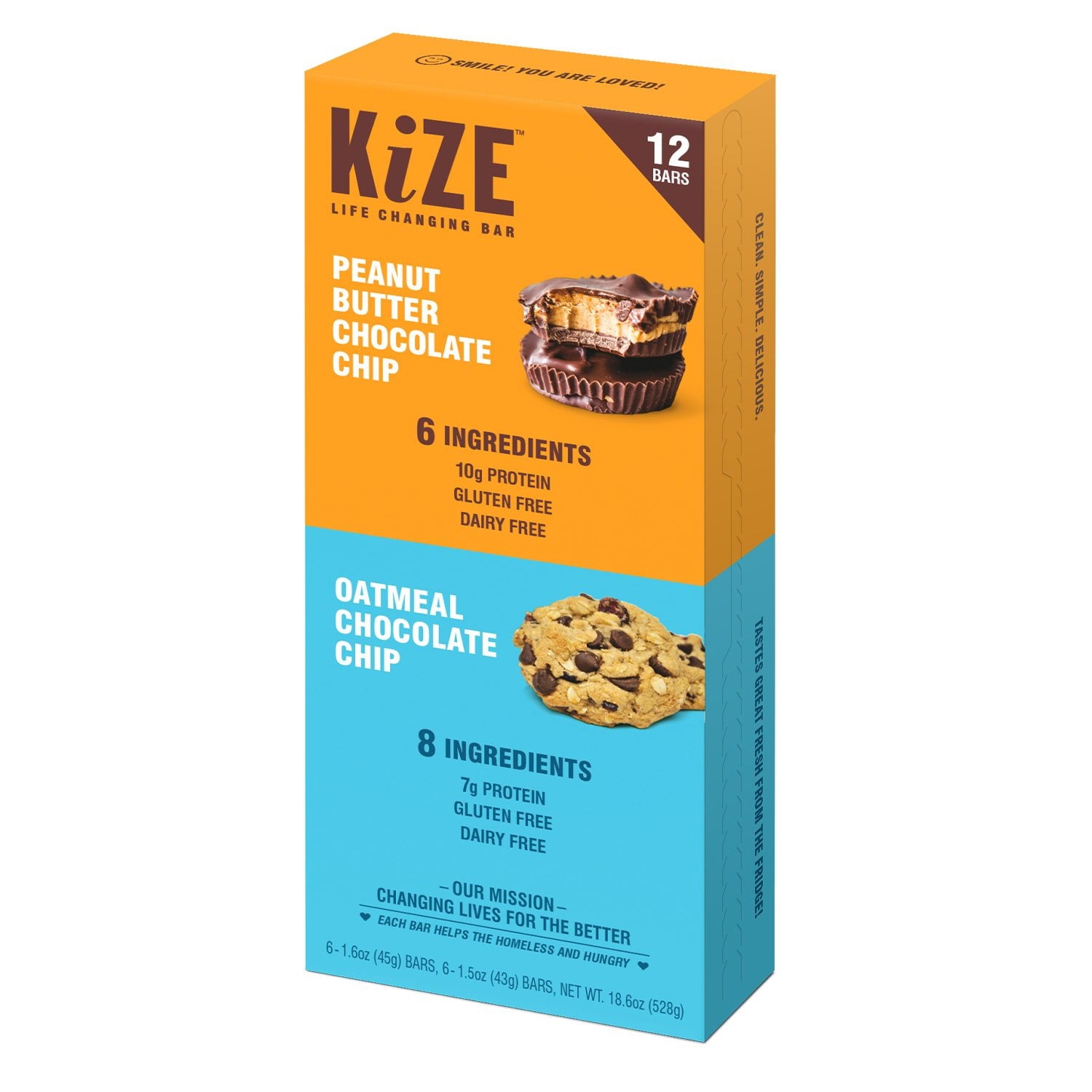 KiZE Life Changing Bar Variety Pack 12 pk with peanut butter chocolate chip and oatmeal chocolate chip bars