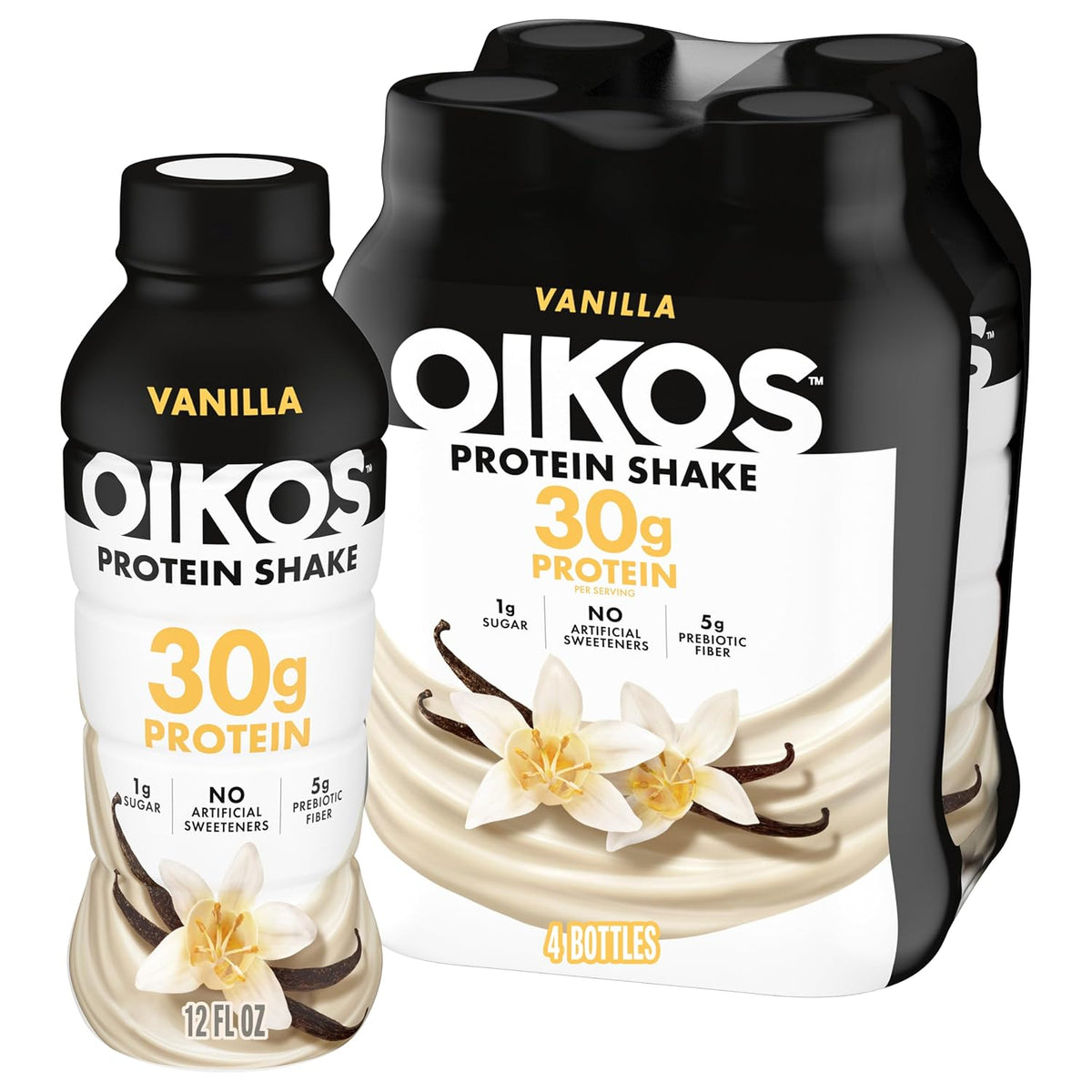 Oikos vanilla shake with 30g complete protein per serving