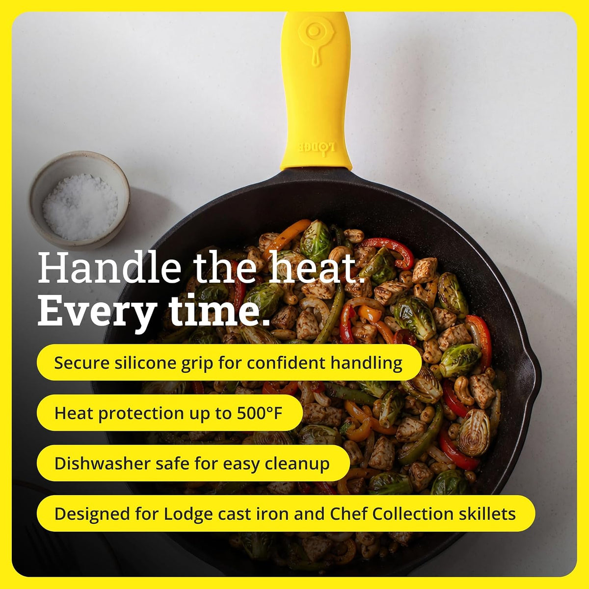 Heat-resistant silicone pan handle grip in yellow
