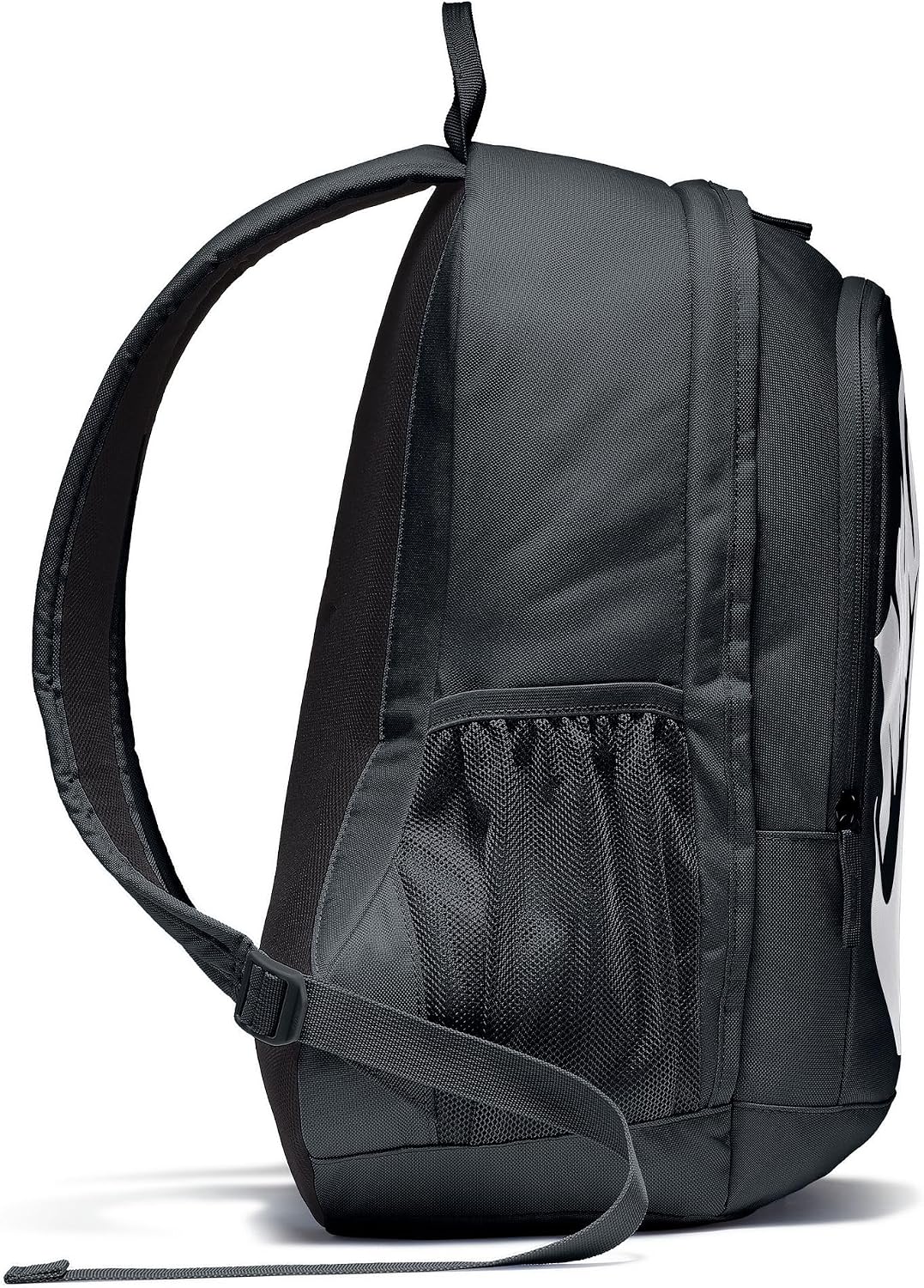 Black and white Nike backpack side angle