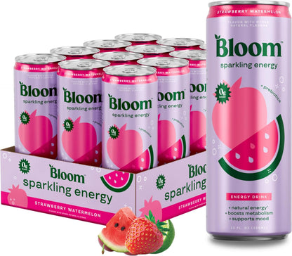 Bloom Nutrition sparkling energy drink cans in Strawberry Watermelon