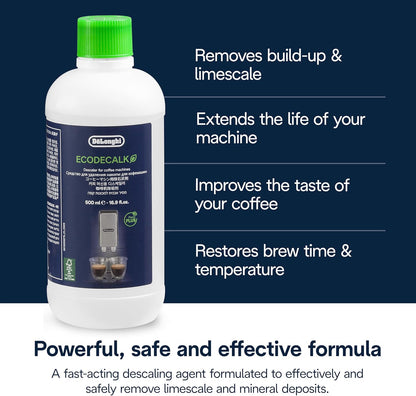 Visit the De'Longhi Store — De'Longhi EcoDecalk Descaler, Eco-Friendly Universal Descaling Solution for Coffee & Espresso Machines, 2-Pack (1 use per pack)