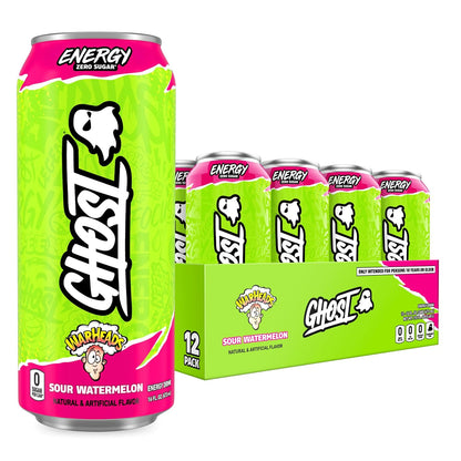 GHOST zero sugar energy drink cans in Sour Watermelon flavor