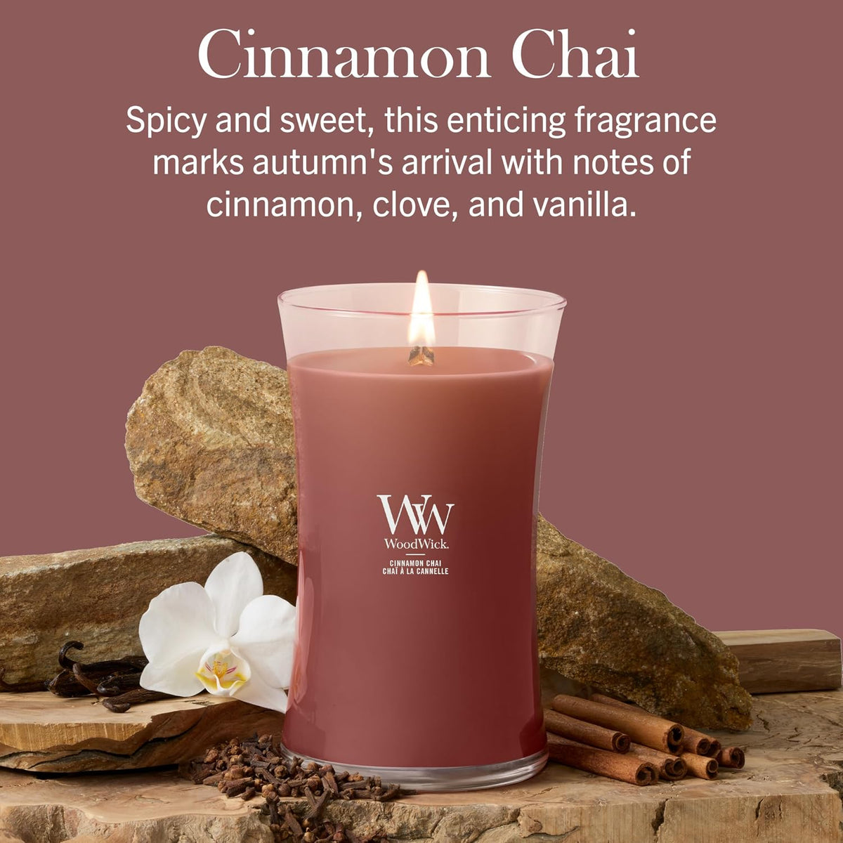 WoodWick Cinnamon Chai candle with natural wooden wick