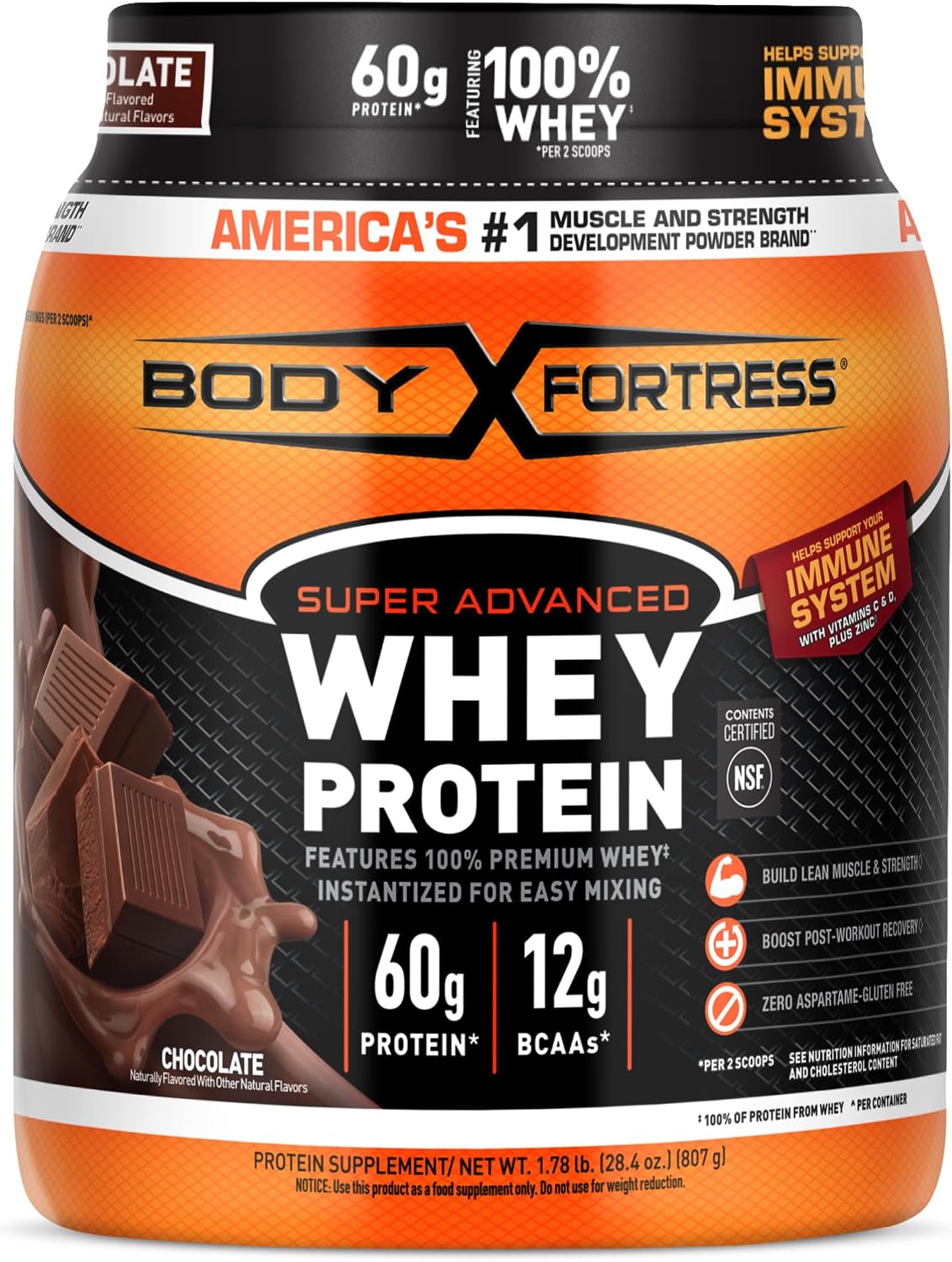 Body Fortress chocolate whey protein powder 1.78 lb