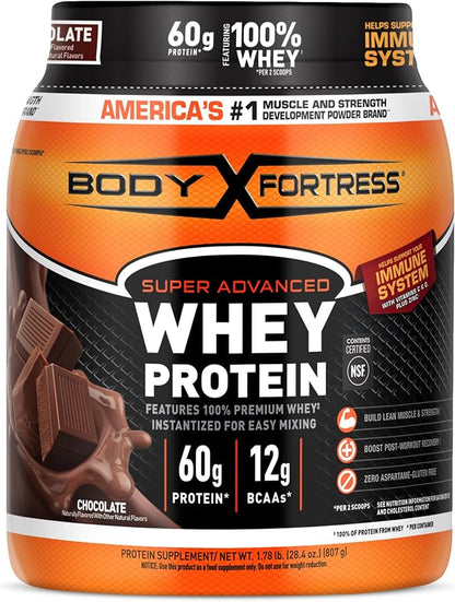 Body Fortress Super Advanced Whey Protein chocolate tub