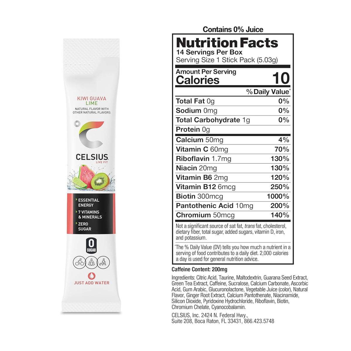 Sugar free CELSIUS Kiwi Guava Lime drink mix packet