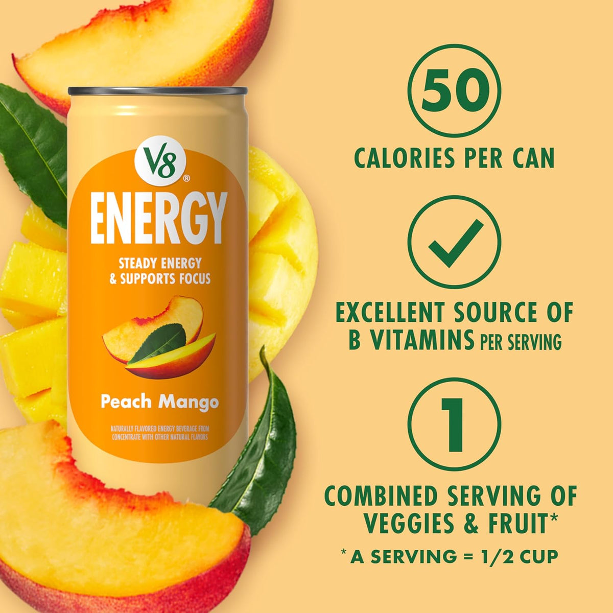 V8 Energy Peach Mango beverage pack with tea caffeine